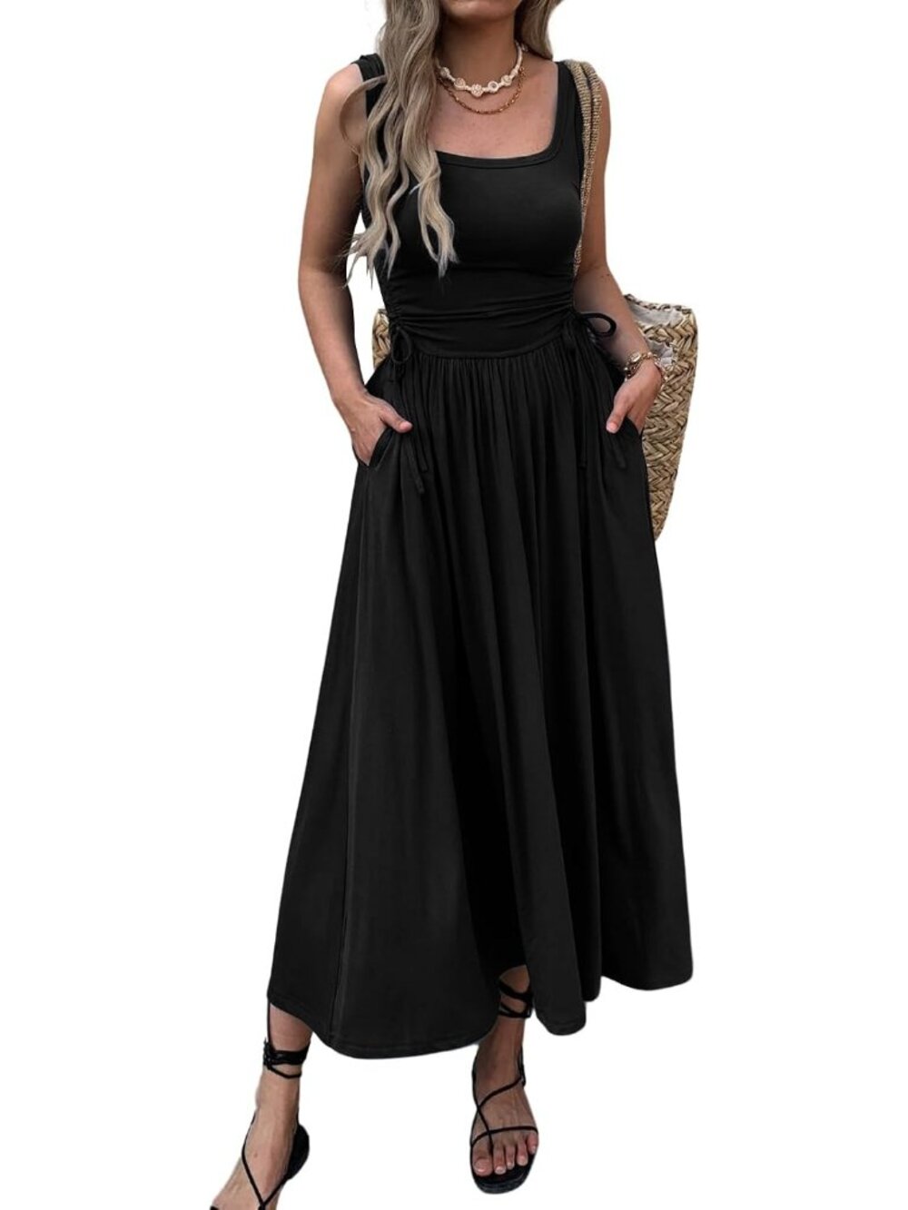 〽️Black Boho Summer Maxi Dress for Women Sleeveless A Line Tie Waist Pockets